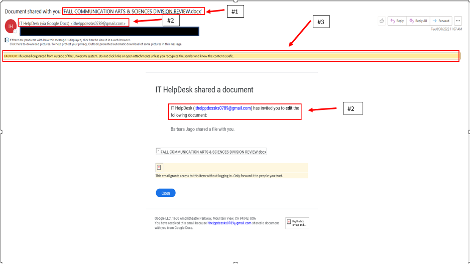 Google Docs Phishing Message Screenshot