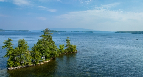 Island on a lake covered with trees.