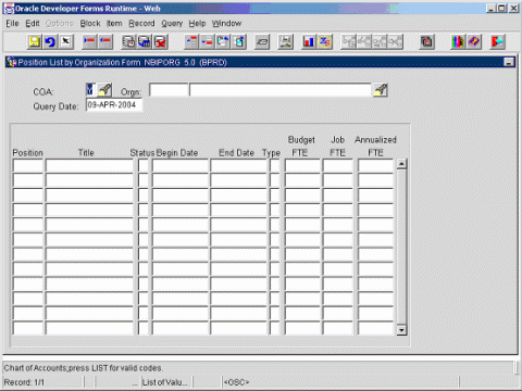 NBIPORG Position List by Organization Form display