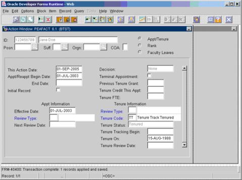 The Faculty Action Tracking Form interface